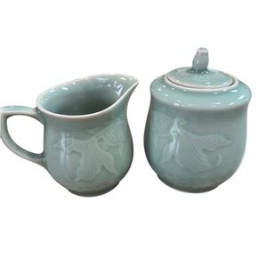 Lonqquan Celadon Koi Fish Creamer and Sugar Bowl Set Jade Green Glazed Vintage